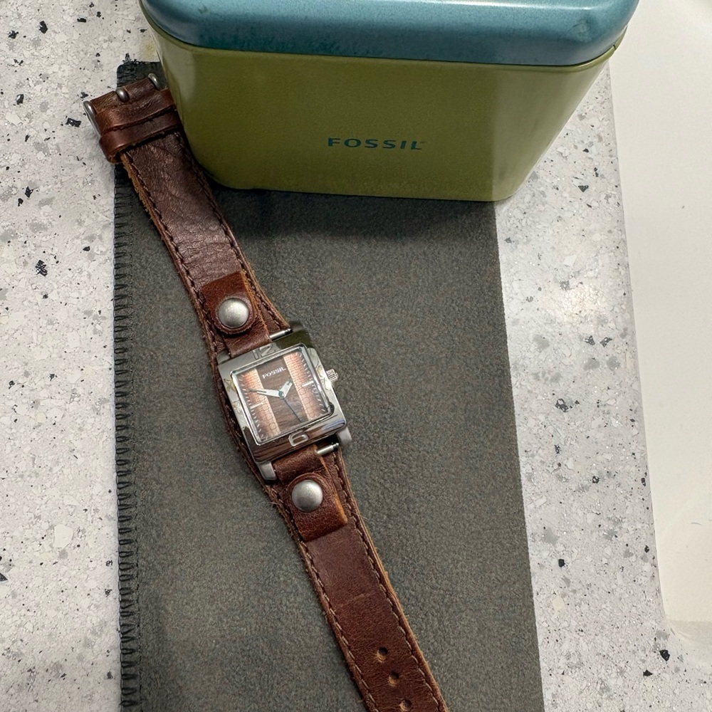 Fossil Brown Leather Cuff Watch with Blue Hands - Picture 2 of 2
